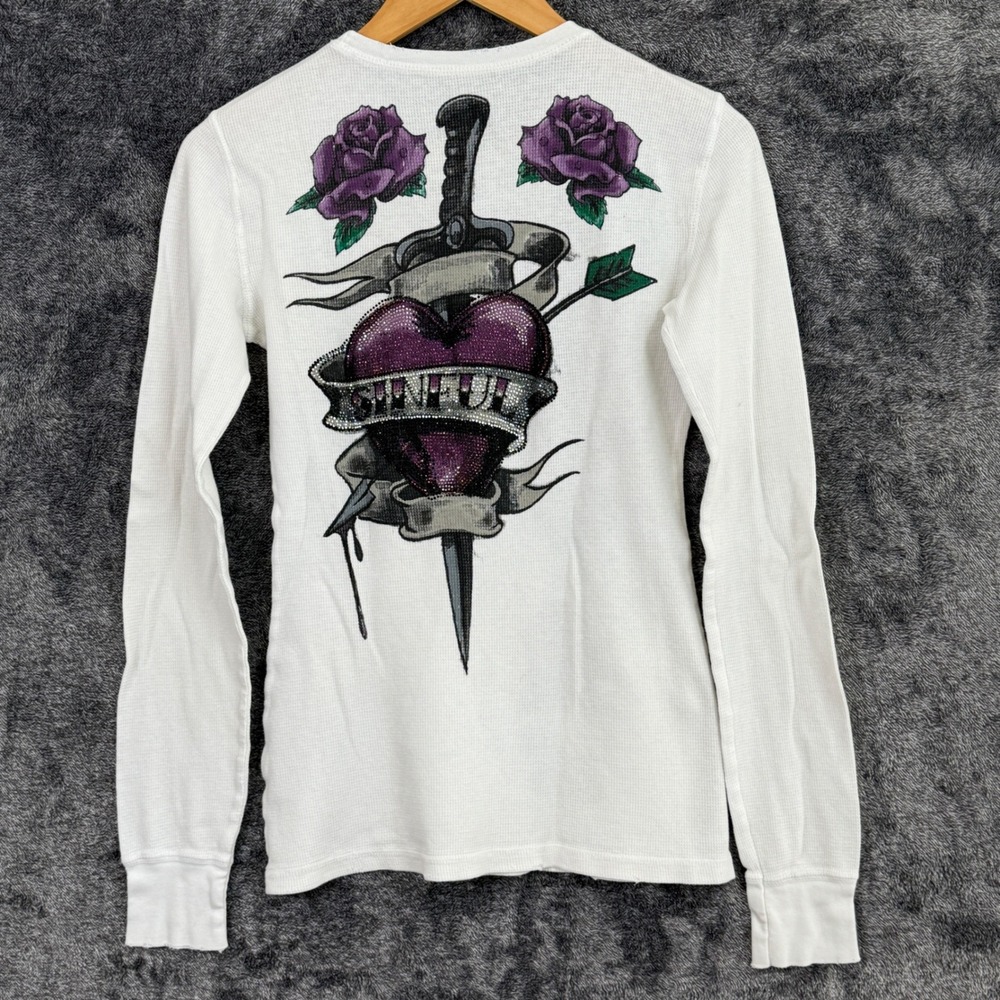 Sinful by Affliction Womens White Thermal Shirt Medium Rose‎ Skull Rhinestone - Picture 2 of 8